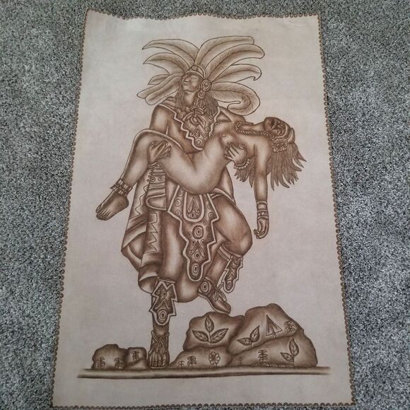 Amor Eterno Hand Burned Detail Leather Wall Art Aztec Warrior Eternal Love - Picture 1 of 6